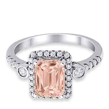 Halo Emerald Cut Wedding Engagement Simulated Morganite CZ Ring